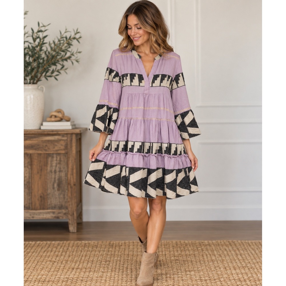 Pearl & Caviar Lavender Cotton Tiered Boho Tunic Dress M/L Bell Sleeve